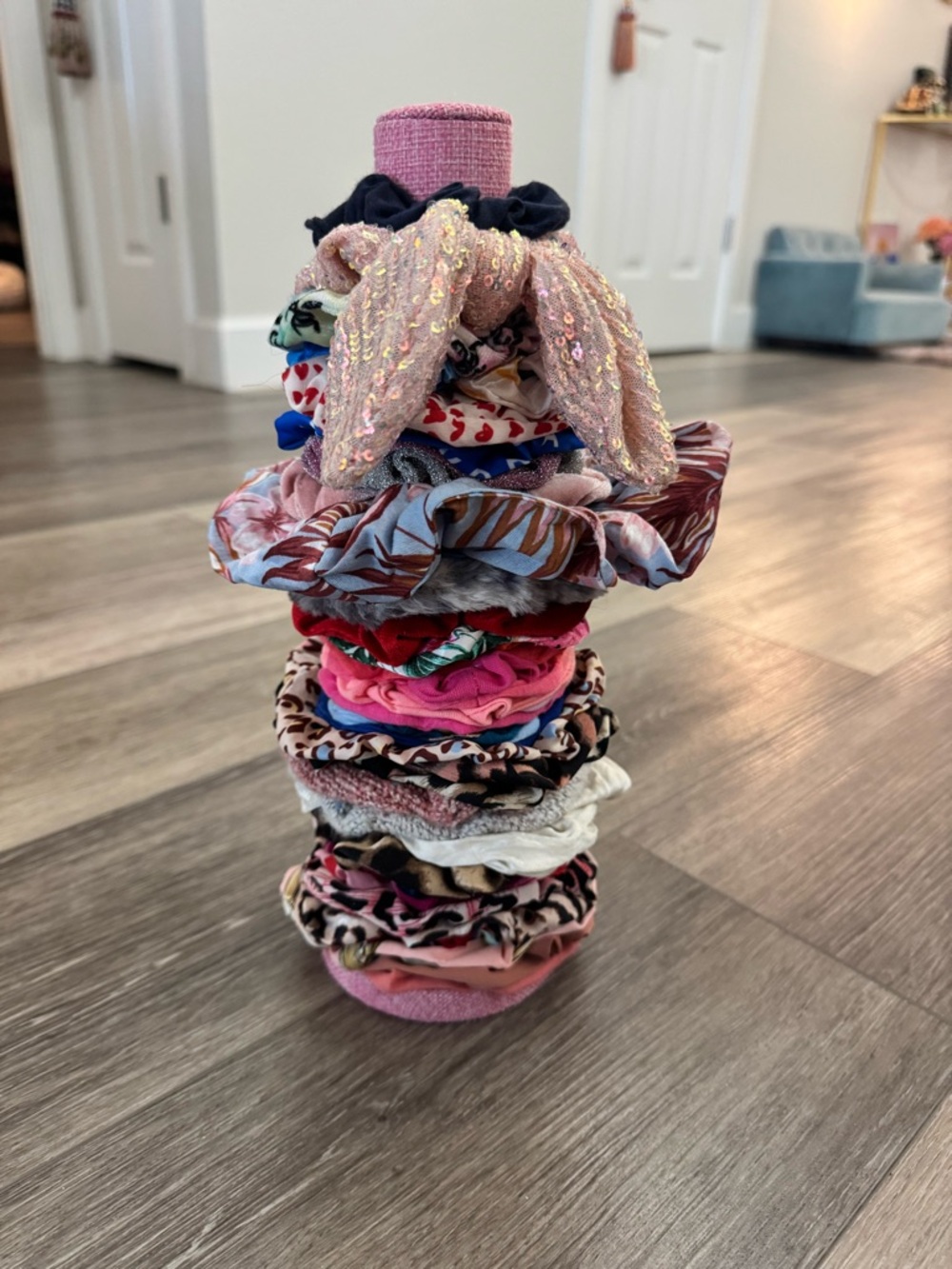 Kids Pink Sequin Bow Scrunchie Set - Assorted Patterns 55 pieces with holder